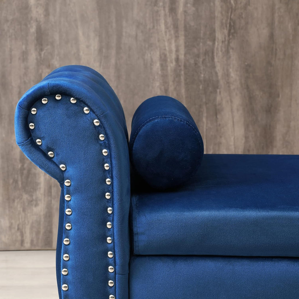 Blue Velvet Storage Bench Ottoman with Solid Wood Legs V89491