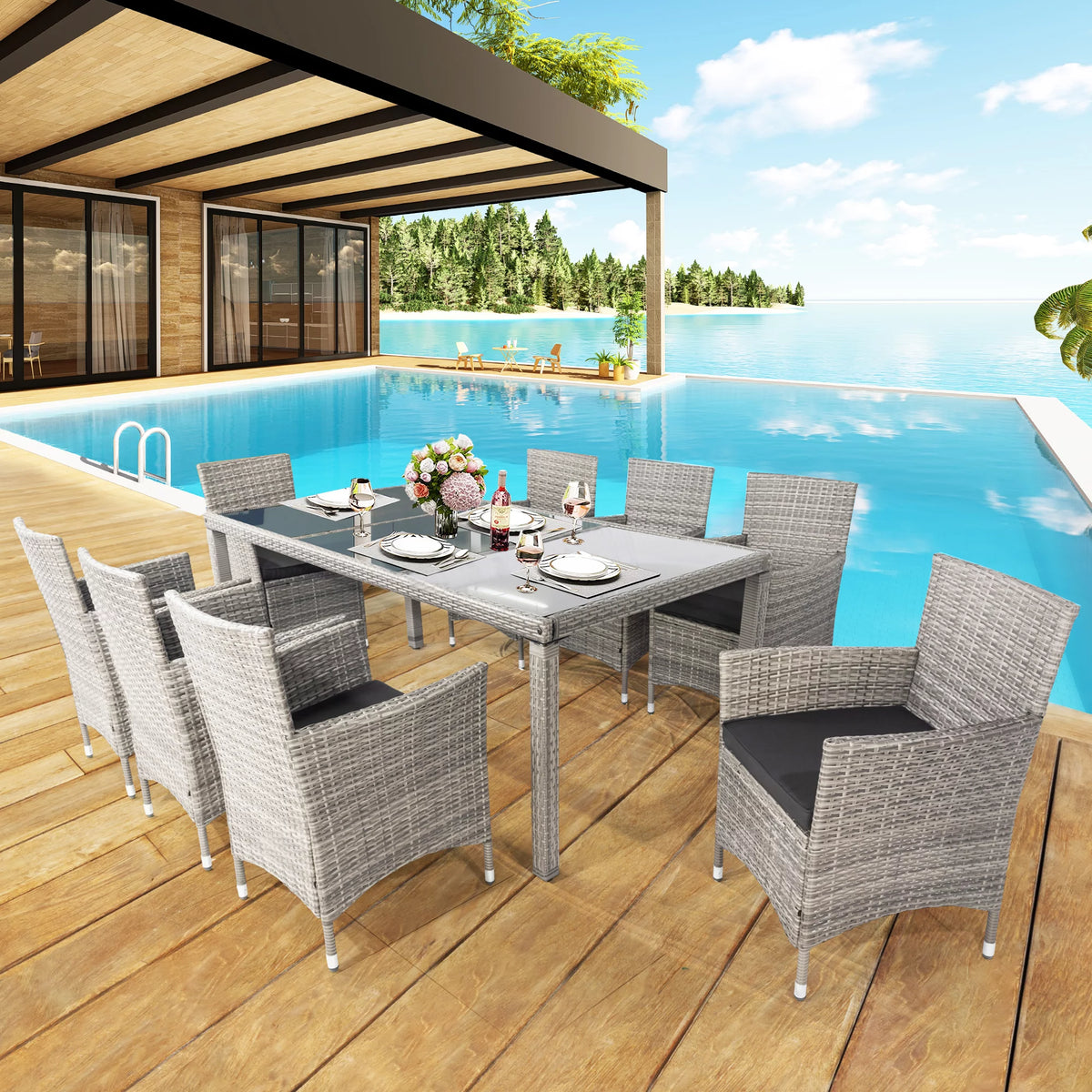 9 Pieces Wicker Outdoor Dining Set with Glass Tabletop and Cushioned Chairs C4544