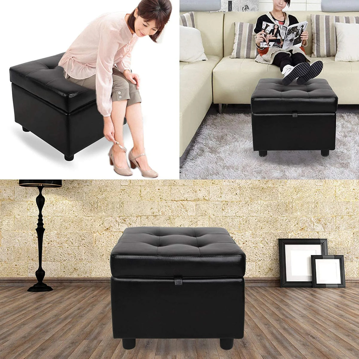 Black Tufted Leather Storage Ottoman Cube Foot Rest R22063