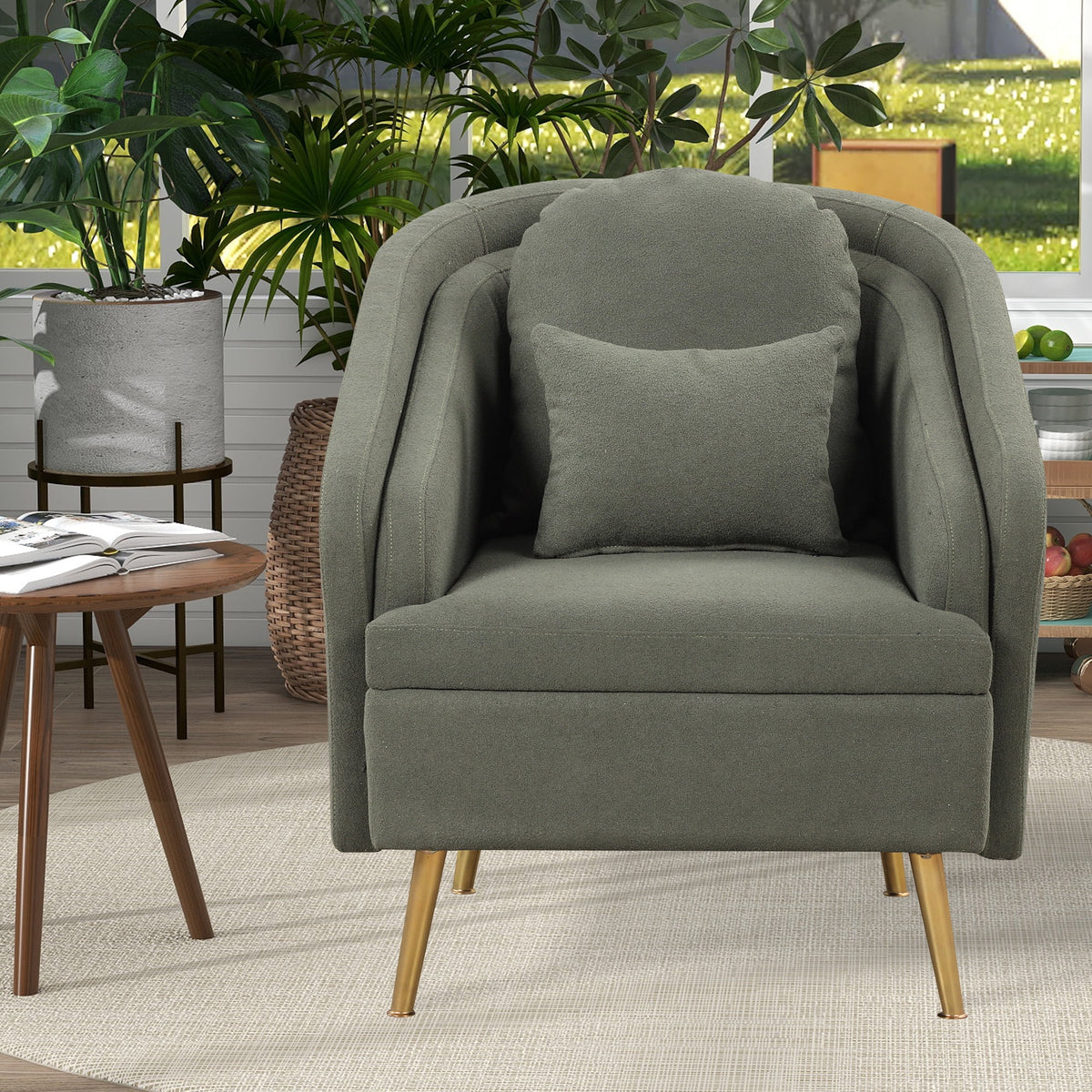 Seaweed Green Upholstered Accent Chair with Lumbar Pillow and Metal Legs K206354