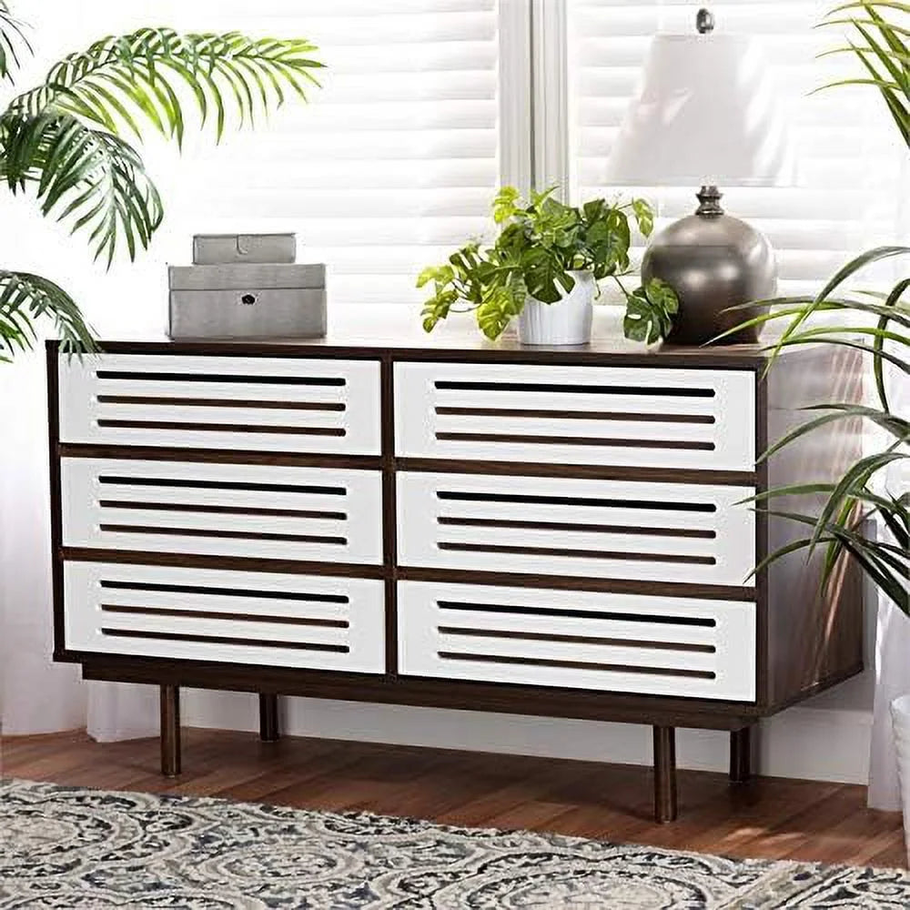 White and Walnut Brown 6-Drawer Wood Dresser E6838