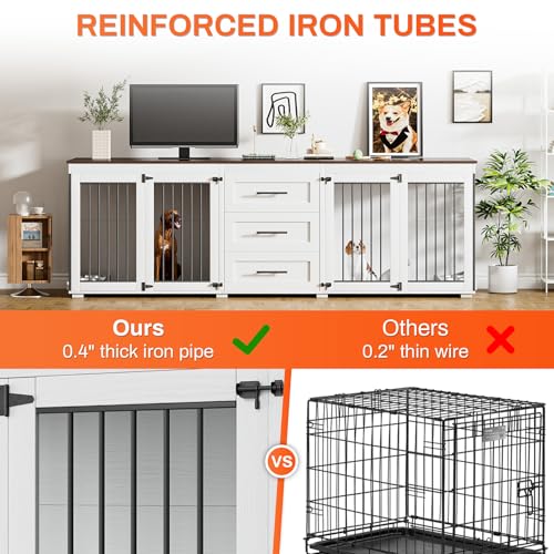 94.5" Dog Crate Furniture with 3 Storage Drawer, 4 Bowls, Grey J857326
