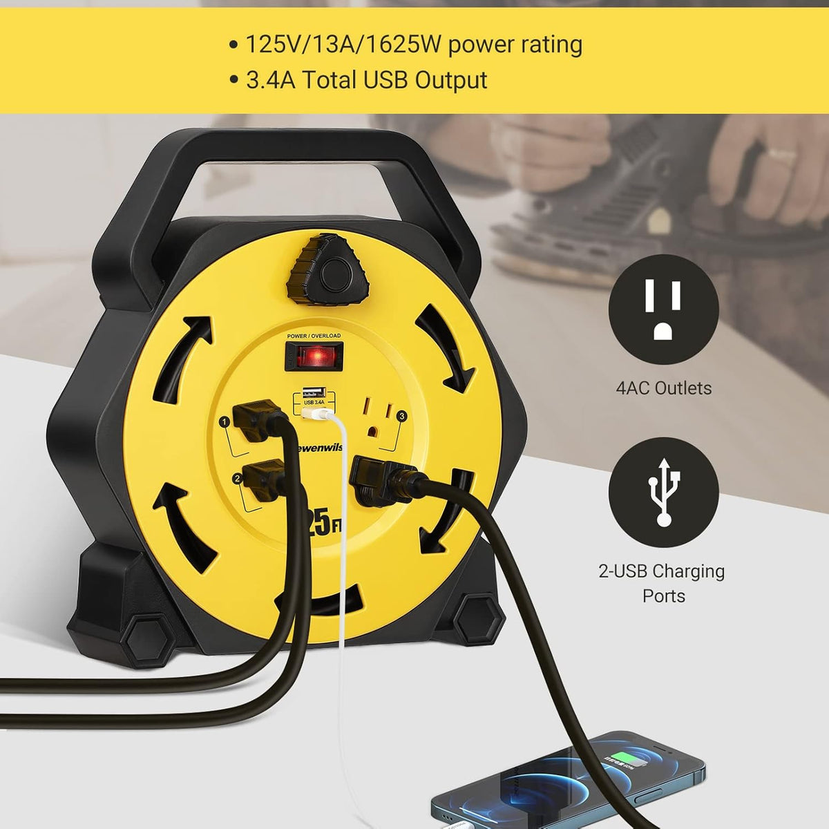 25FT Retractable Extension Cord Reel with 4 Outlets and 2 USB Ports W346631