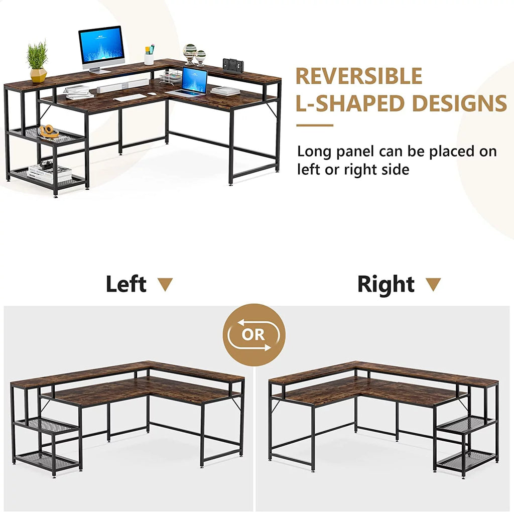 69" Reversible L Shaped Corner Computer Desk with Monitor Stand Y1507
