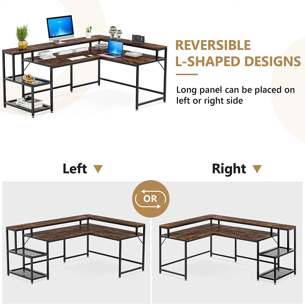 69" Reversible L Shaped Corner Computer Desk with Monitor Stand Y1507