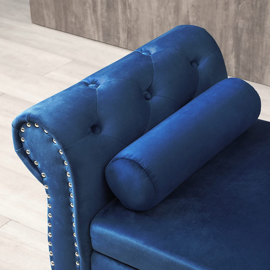 Blue Velvet Storage Bench Ottoman with Solid Wood Legs V89491