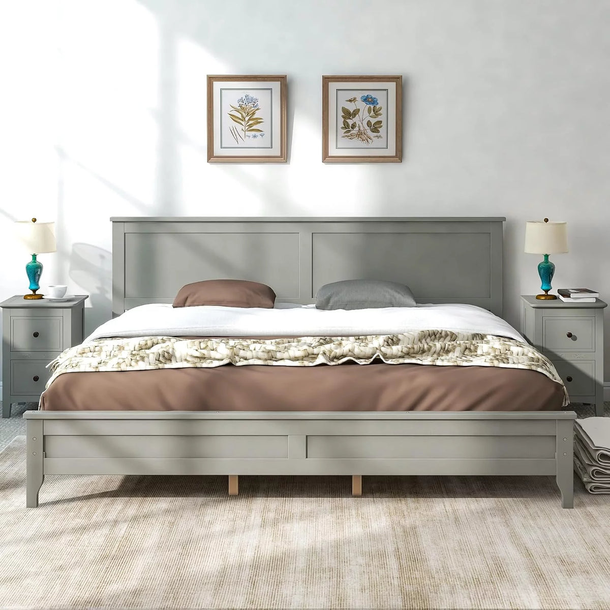 Gray Solid Wood Platform Bed Frame with Headboard X162859