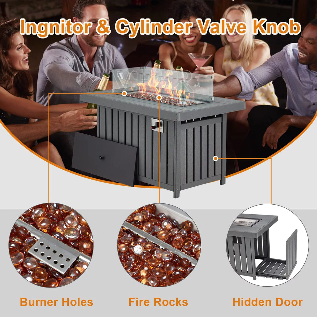 Gray 43 Inch HDPE Propane Fire Pit Table with Lid and Fire Glass D928296