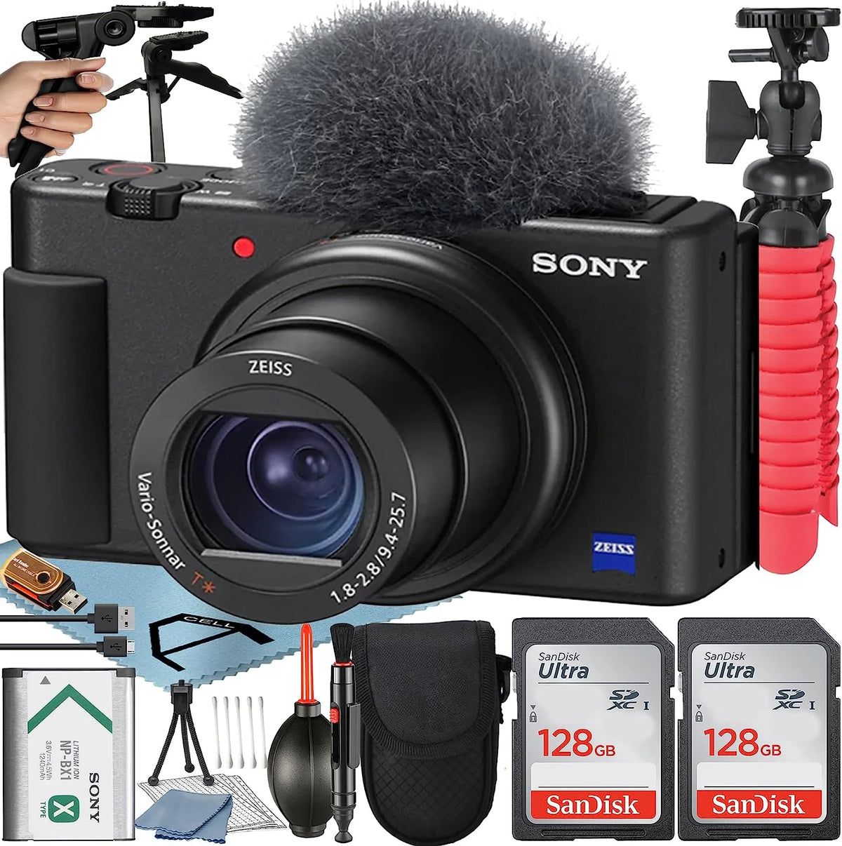 Black Compact Digital Camera with Memory Card and Tripod V987082