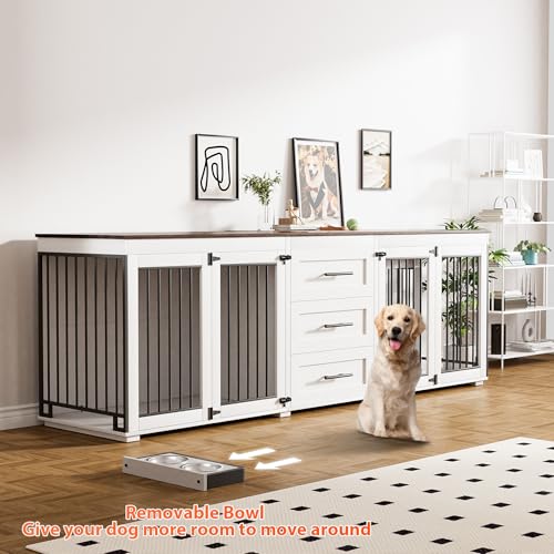 94.5" Dog Crate Furniture with 3 Storage Drawer, 4 Bowls, Grey J857326