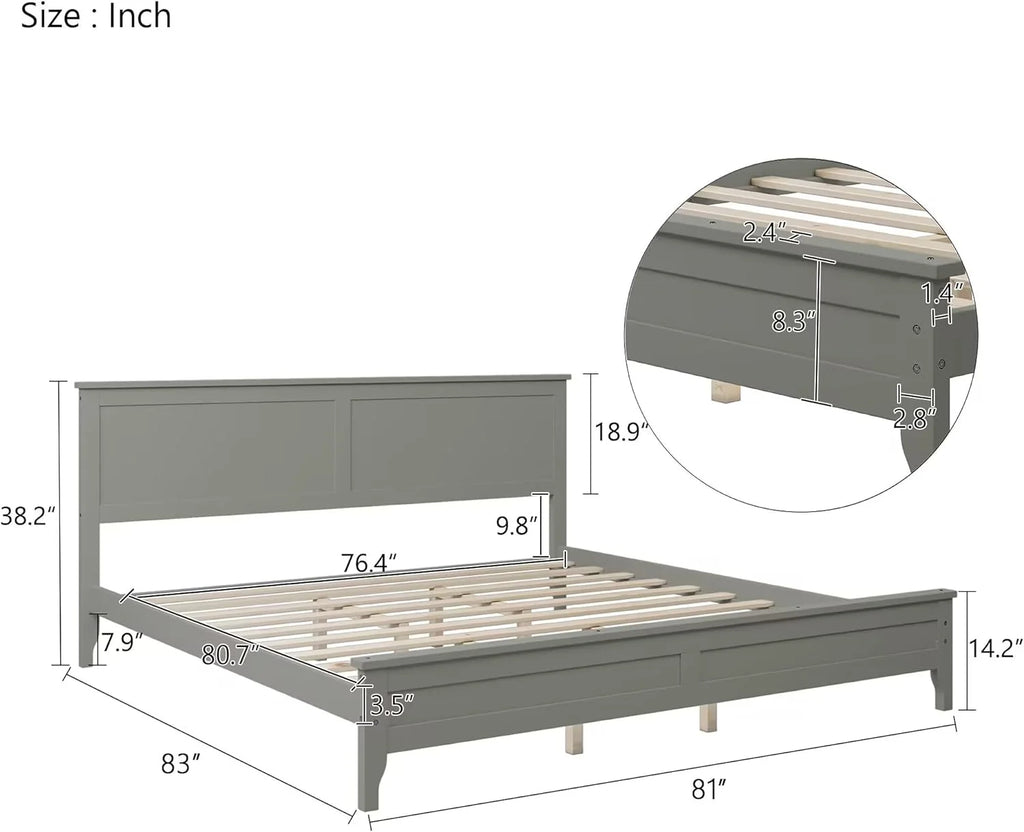 Gray Solid Wood Platform Bed Frame with Headboard X162859