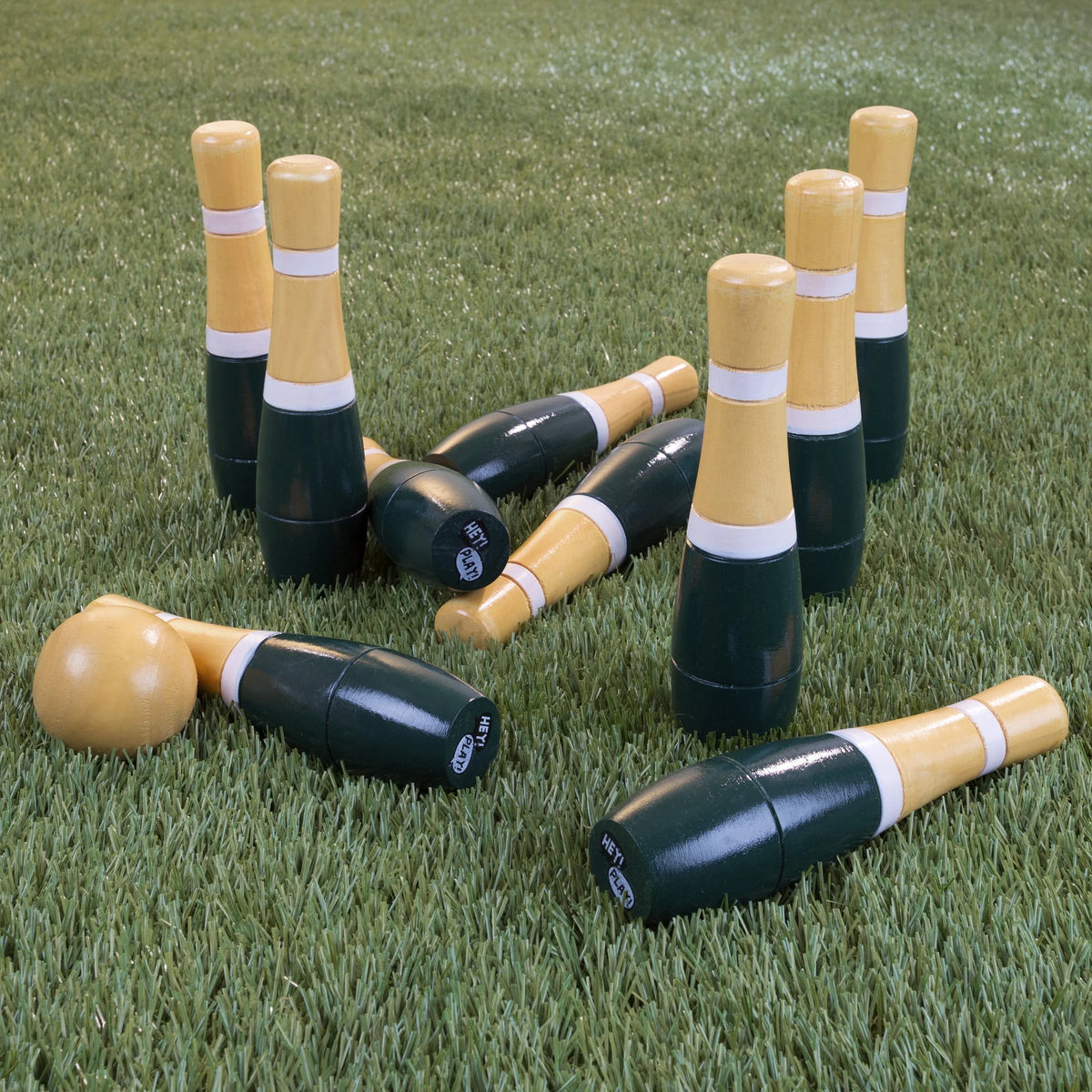 Lawn Bowling Game Set with 10 Wooden Pins, 2 Balls, and Mesh Bag V68607
