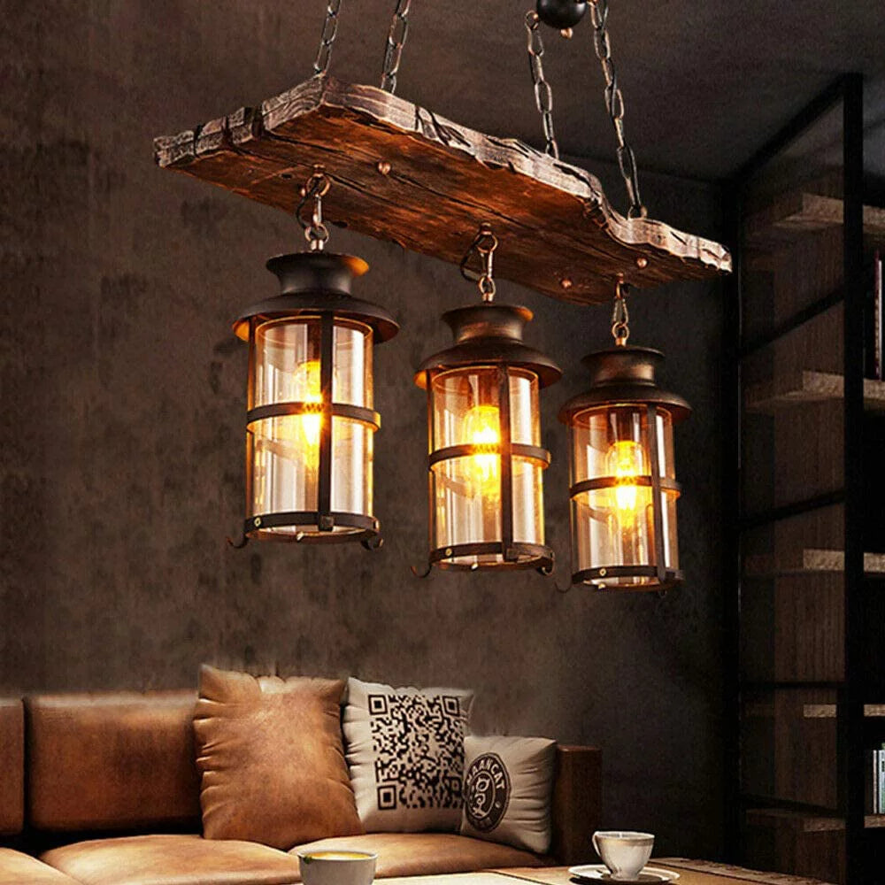 Rustic Wood 3 Heads Hanging Chandelier Ceiling Light A2512