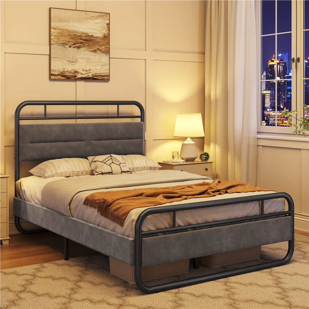 Queen Size Metal Platform Bed with Velvet Upholstered Headboard M347