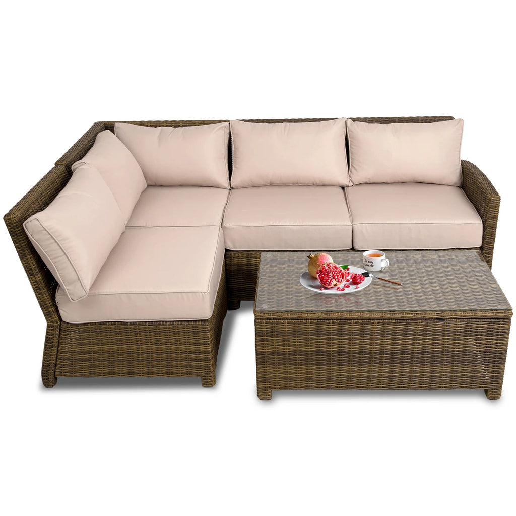 4-Piece Rattan Sectional Sofa Set with Beige Cushions Table N59624