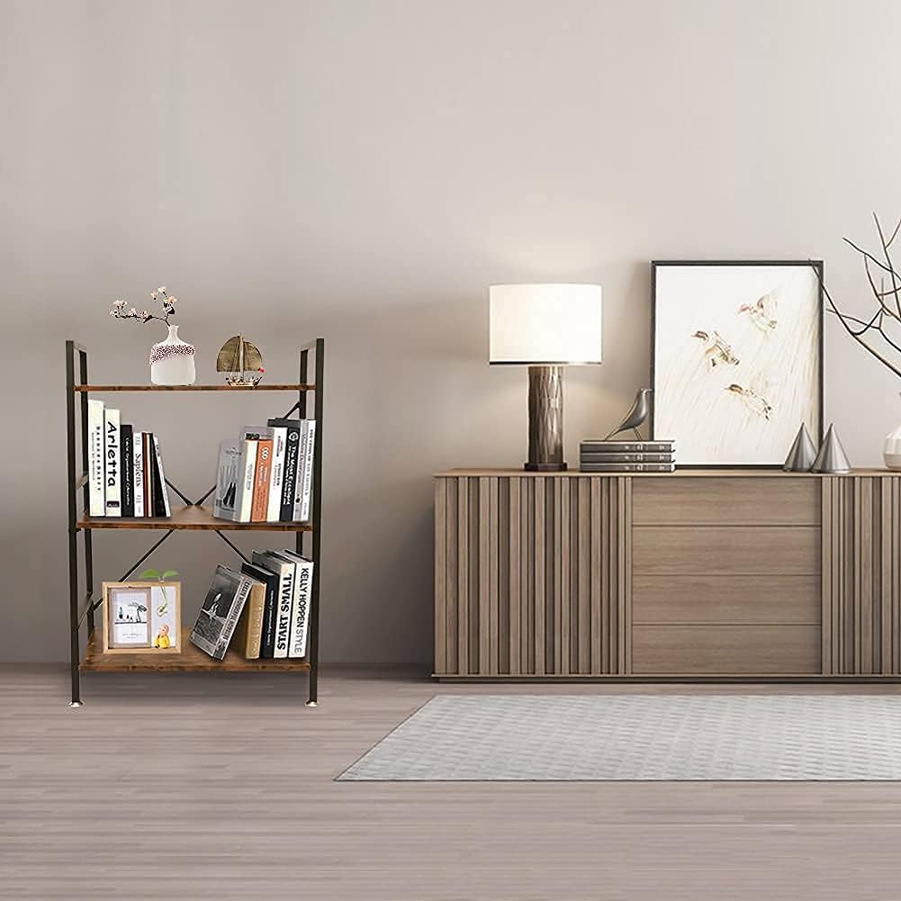 3 Tier Wood and Metal Rustic Brown Bookshelf X2331