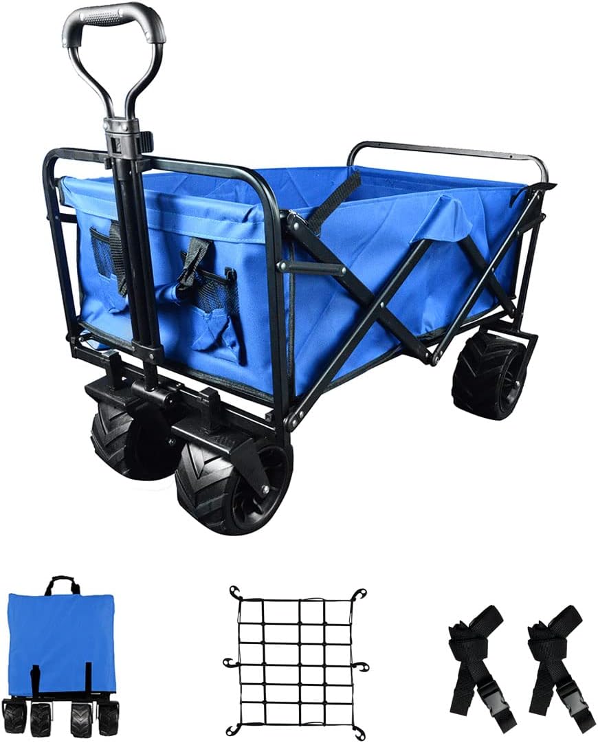 Blue Heavy Duty Folding Utility Beach Wagon Cart with Adjustable Handle B7755