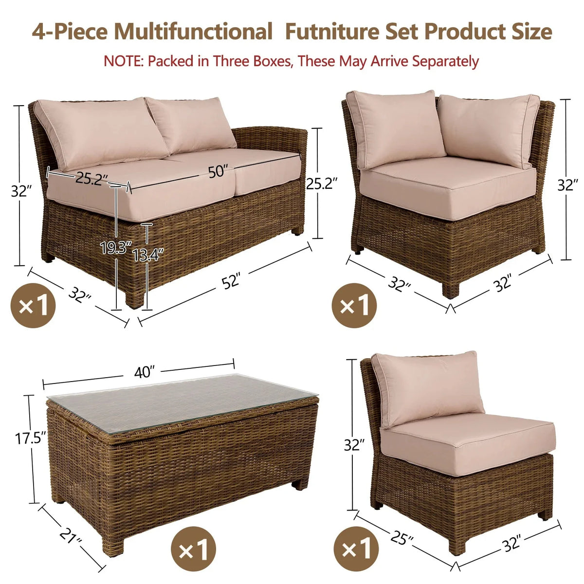 4-Piece Rattan Sectional Sofa Set with Beige Cushions Table N59624