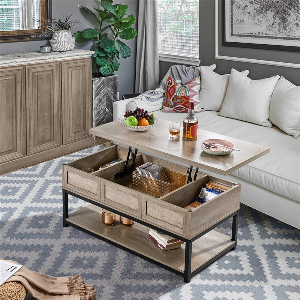 Rustic Gray Wooden Lift Top Coffee Table with Storage Shelf R762