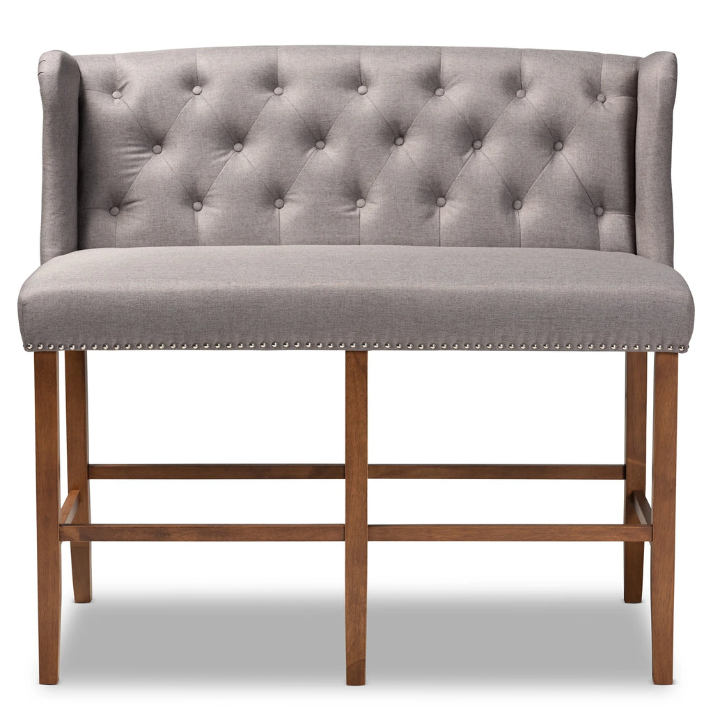 Grey Fabric Upholstered Walnut Finished Wood Button Tufted Bar Stool Bench F4230