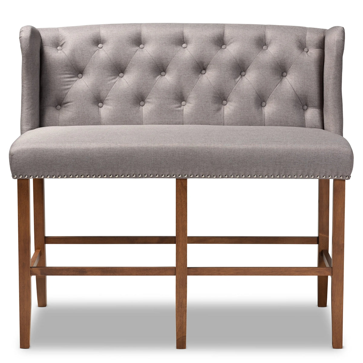 Grey Fabric Upholstered Walnut Finished Wood Button Tufted Bar Stool Bench F4230