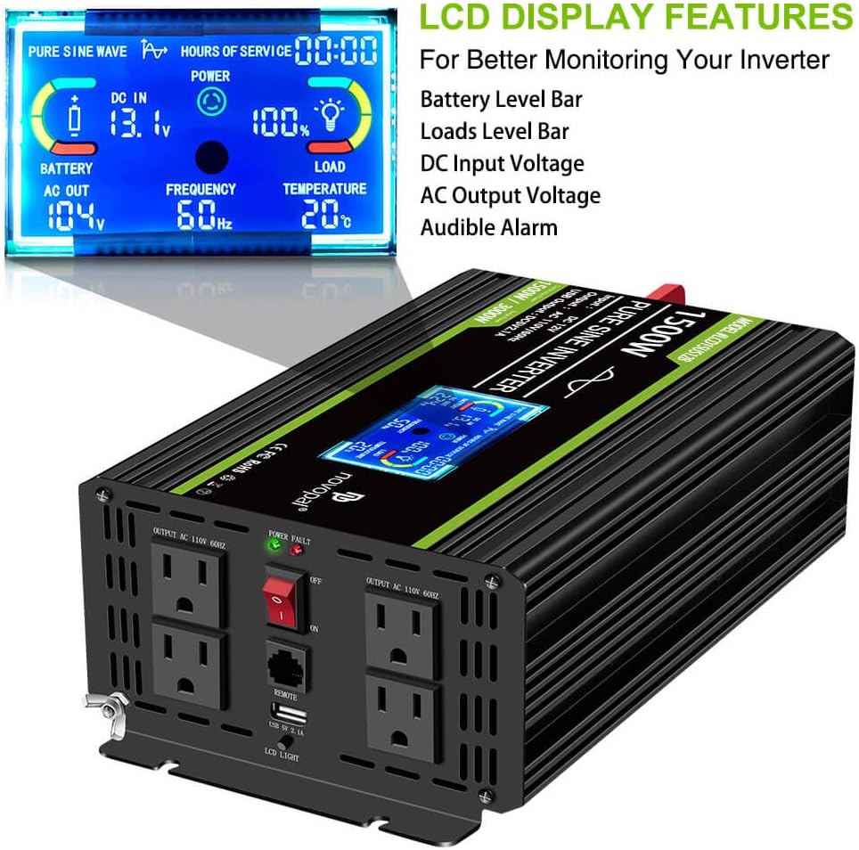1500 Watt Pure Sine Wave Power Inverter DC 12V to 110V/120V with 4 AC Outlets and USB Port C199974