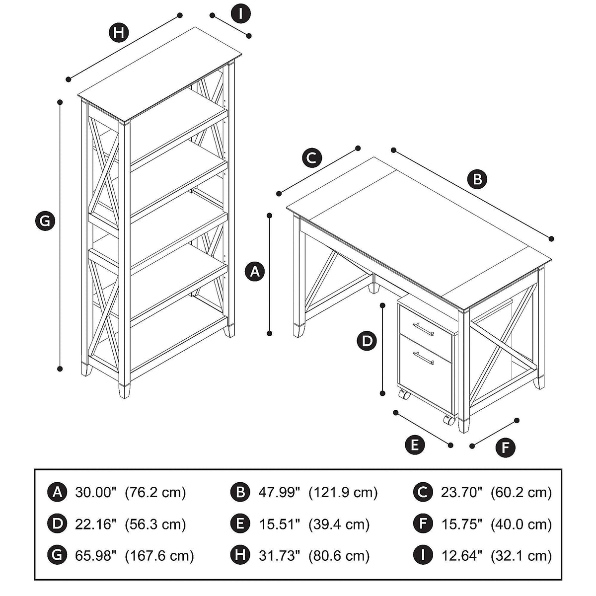 48W Writing Desk with 2 Drawer Mobile File Cabinet and 5 Shelf Bookcase in Washed Gray Z42628