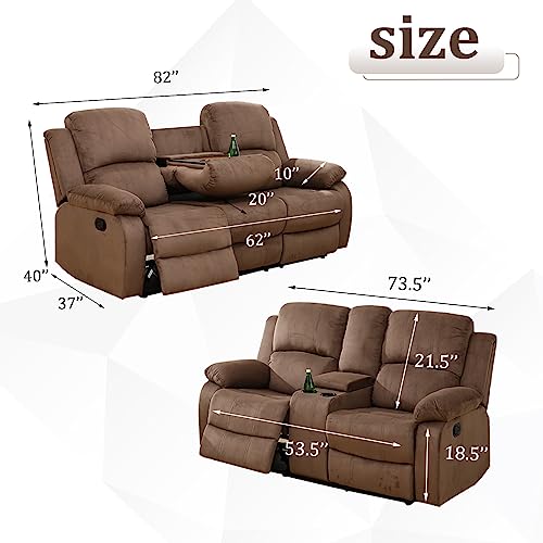 Dark Grey Flannel Fabric Recliner Sofa Set with Cup Holders and Storage Console Z8397