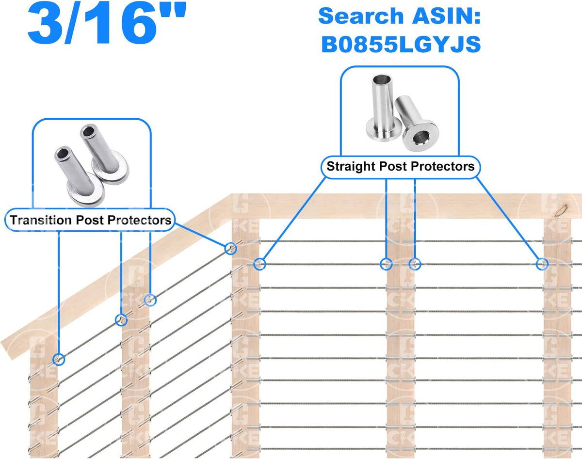 40 Pack 45 Degree T316 Marine Grade Stainless Steel Angle Beveled Protector Sleeves Wood Post Protector for 1/8", 5/32", 3/16" Wire Rope Cable Railing P322