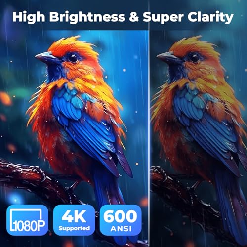 Smart Projector with WiFi and Bluetooth, 600 ANSI Native 1080P, 360° Rotation 4K Support F674