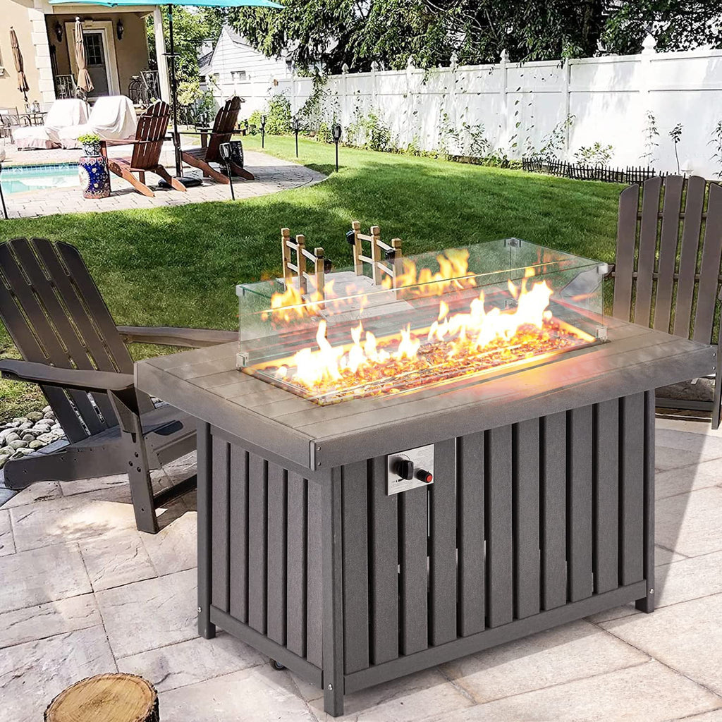 Gray 43 Inch HDPE Propane Fire Pit Table with Lid and Fire Glass D928296