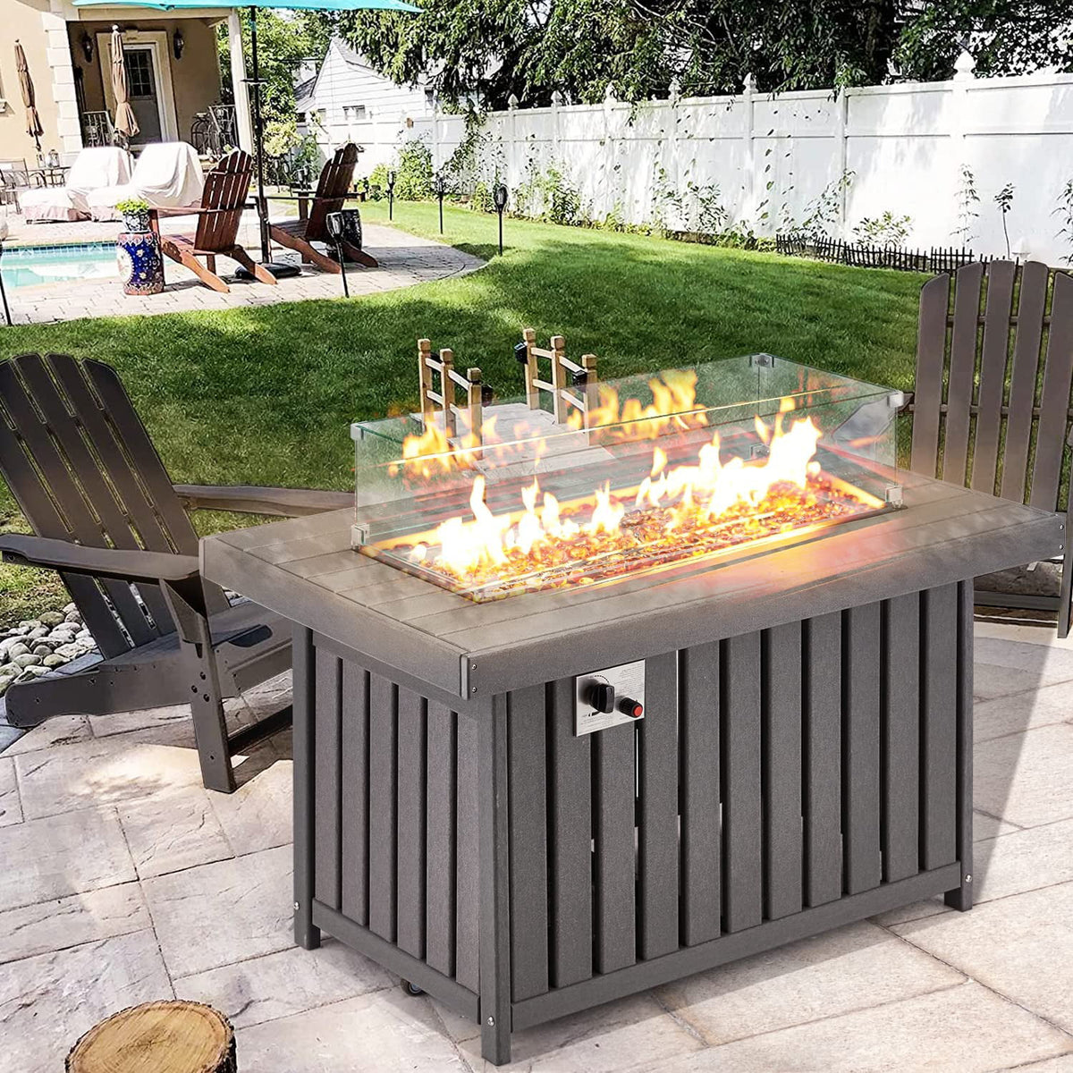 Gray 43 Inch HDPE Propane Fire Pit Table with Lid and Fire Glass D928296
