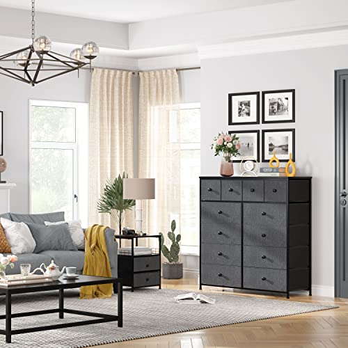 12 Drawer Fabric Dresser with Metal Frame, Wood Top, Light Grey V6209