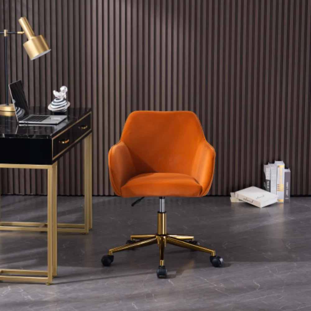 Orange Velvet Adjustable Height Office Chair with Gold Metal Legs and Wheels I26607
