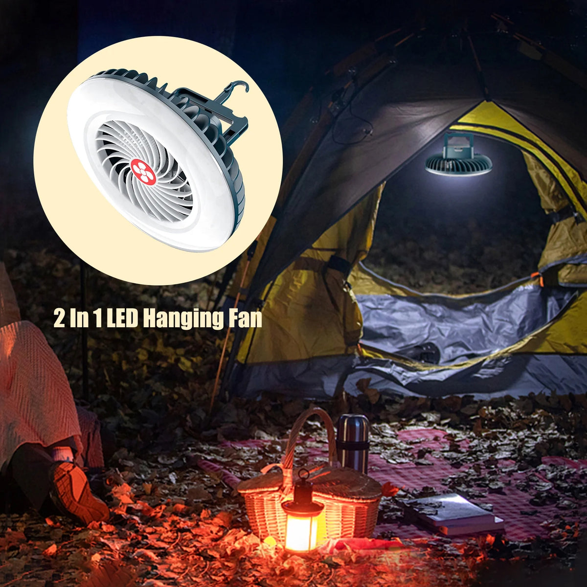 LED Hanging Fan 2 in 1 Camping Tent Fan with Hanging Hook Back Magnet LED Ceiling Fan V4964