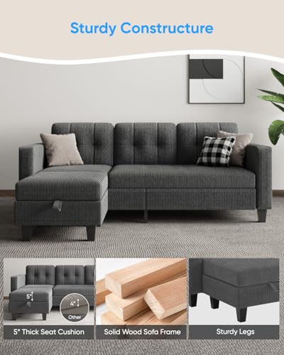 76 Inch Corduroy L Shaped Sectional Sofa with Storage Ottoman D73670