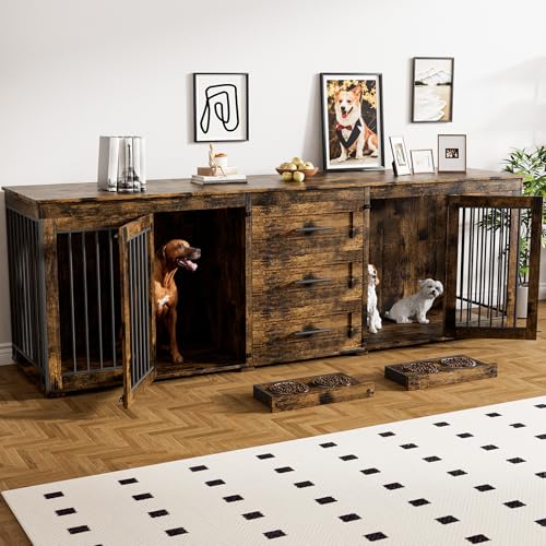 94.5" Dog Crate Furniture with 3 Storage Drawer, 4 Bowls, Grey J857326