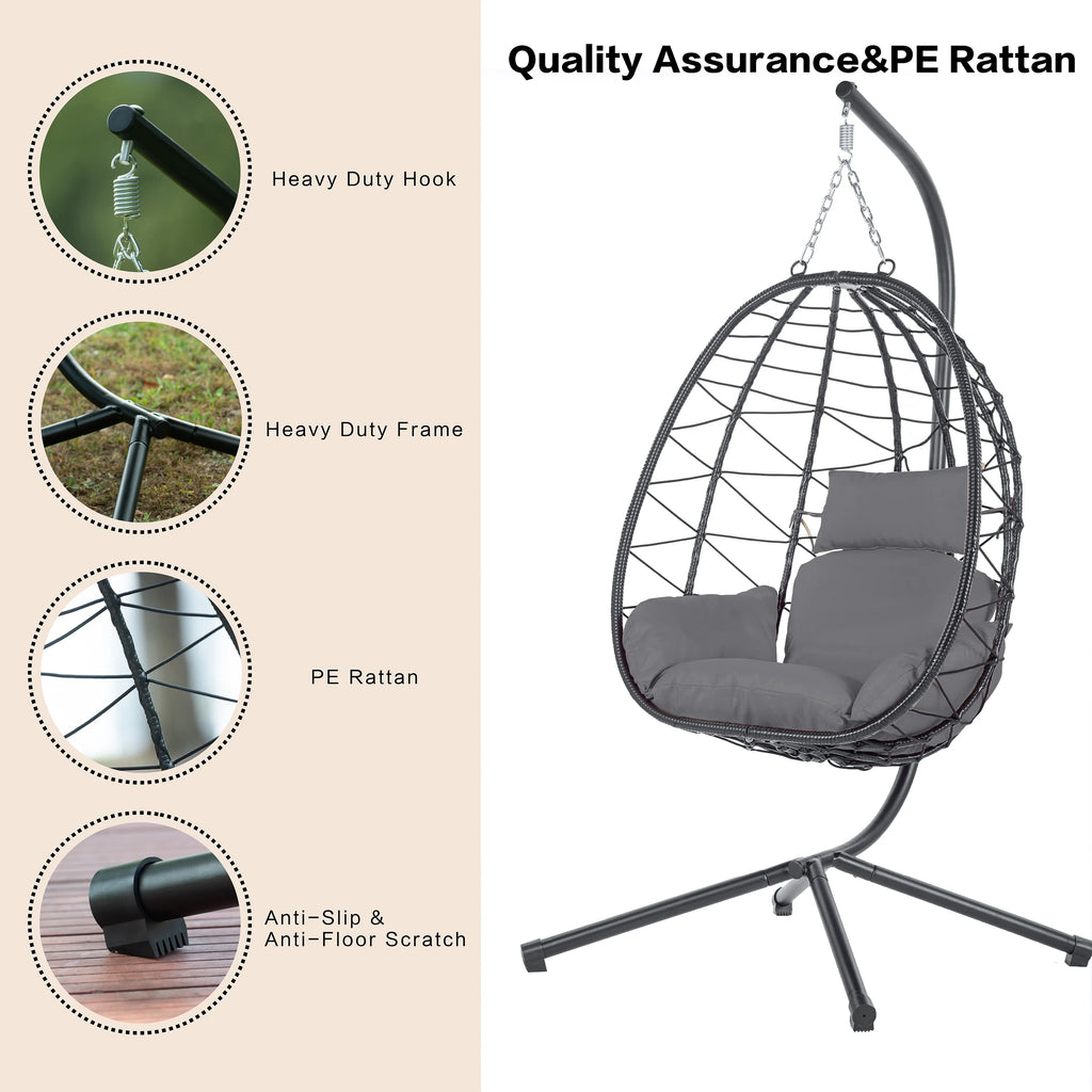 Egg Chair with Stand, Steel Frame Swing Chair Max 350Lbs with Cushions & Pillow Gray Z942422