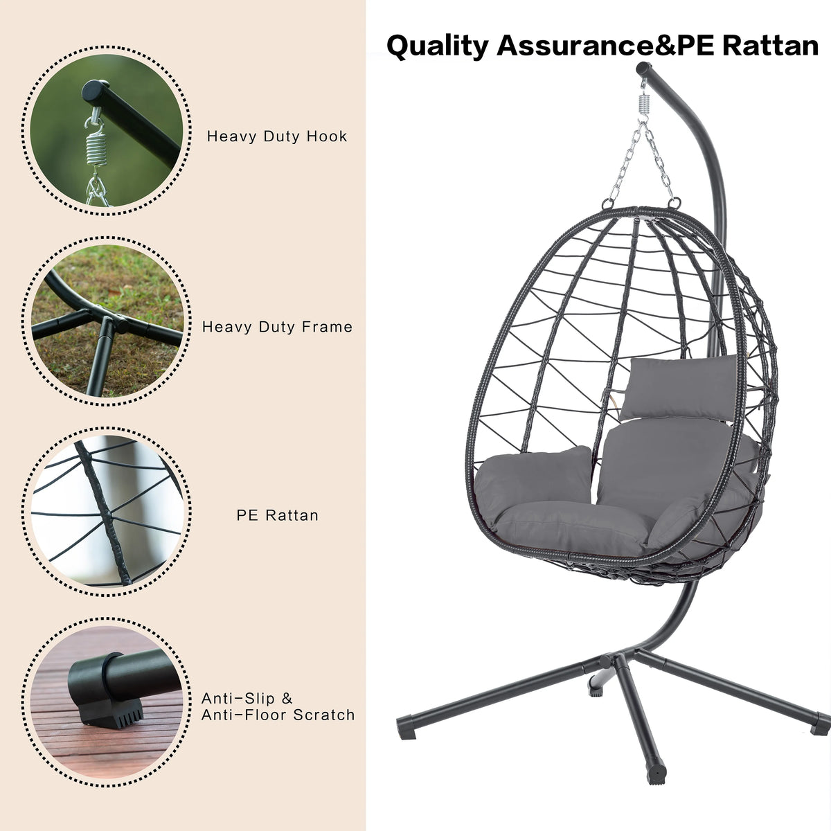 Egg Chair with Stand, Steel Frame Swing Chair Max 350Lbs with Cushions & Pillow Gray Z942422