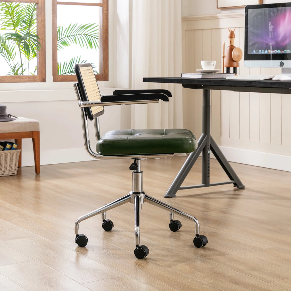 Green Faux Leather Swivel Office Chair with Rattan Back H57782