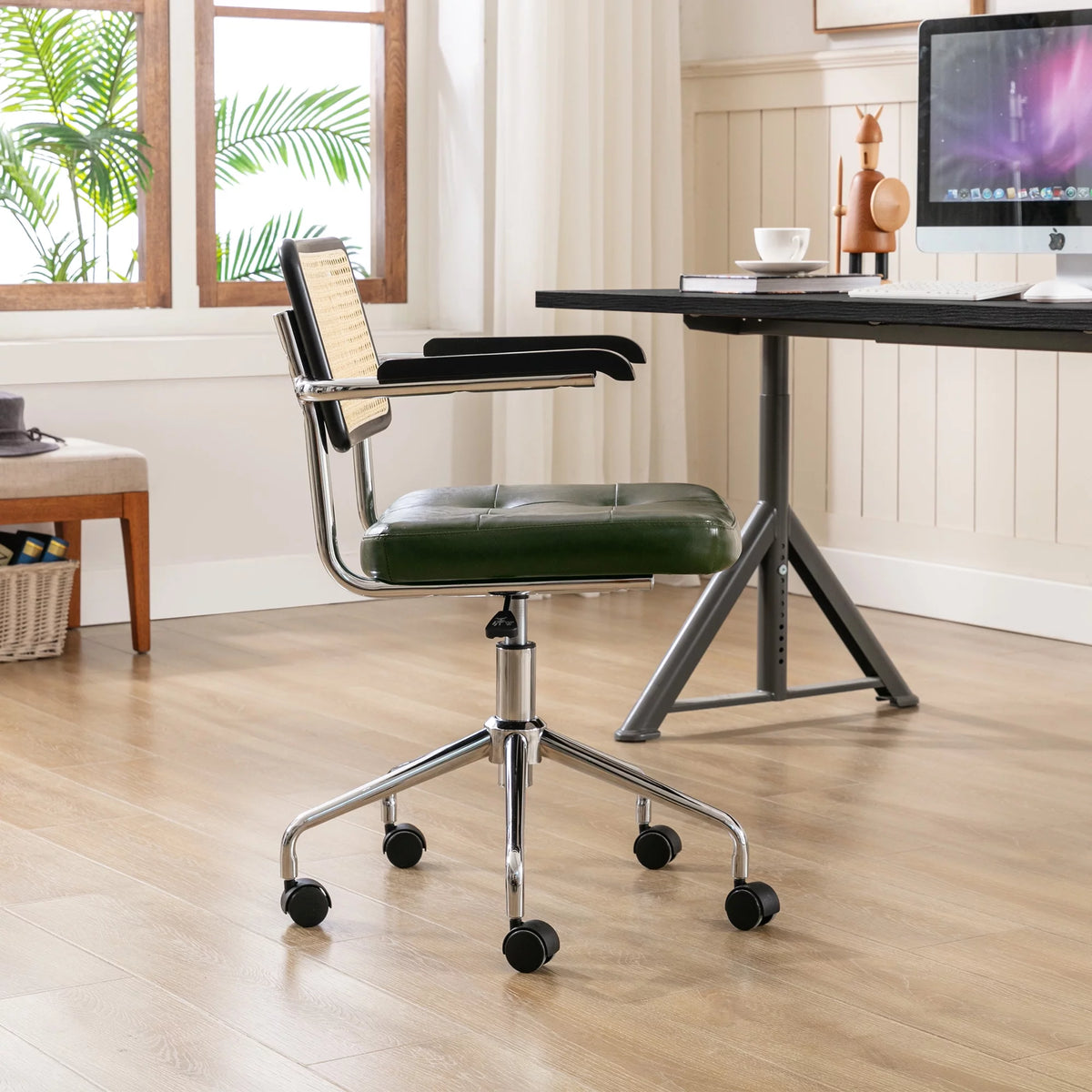 Green Faux Leather Swivel Office Chair with Rattan Back H57782