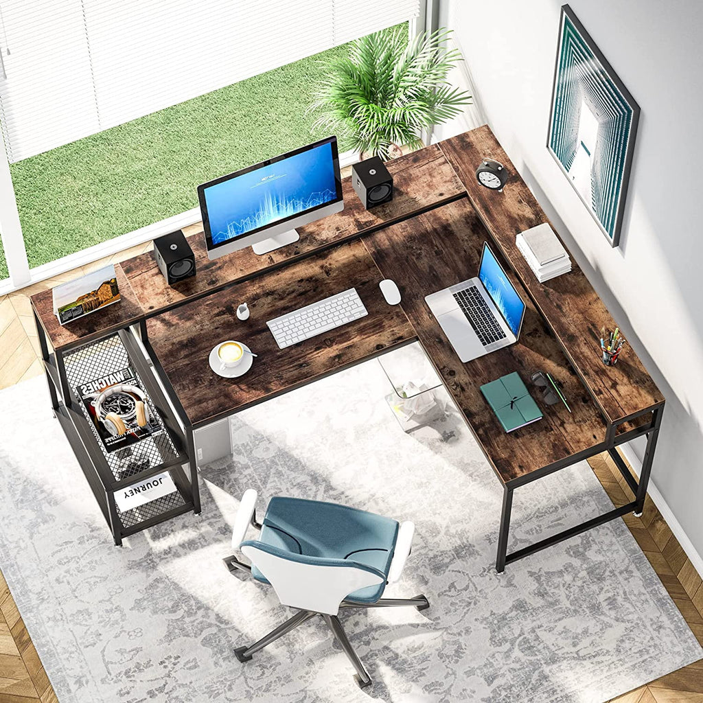 69" Reversible L Shaped Corner Computer Desk with Monitor Stand Y1507