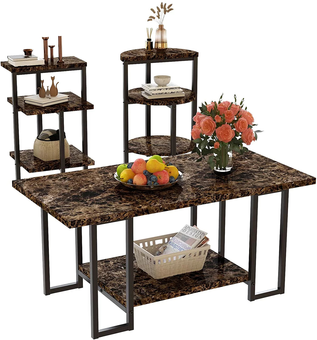 Faux Marble Coffee Table Set of 3 with Metal Legs J323
