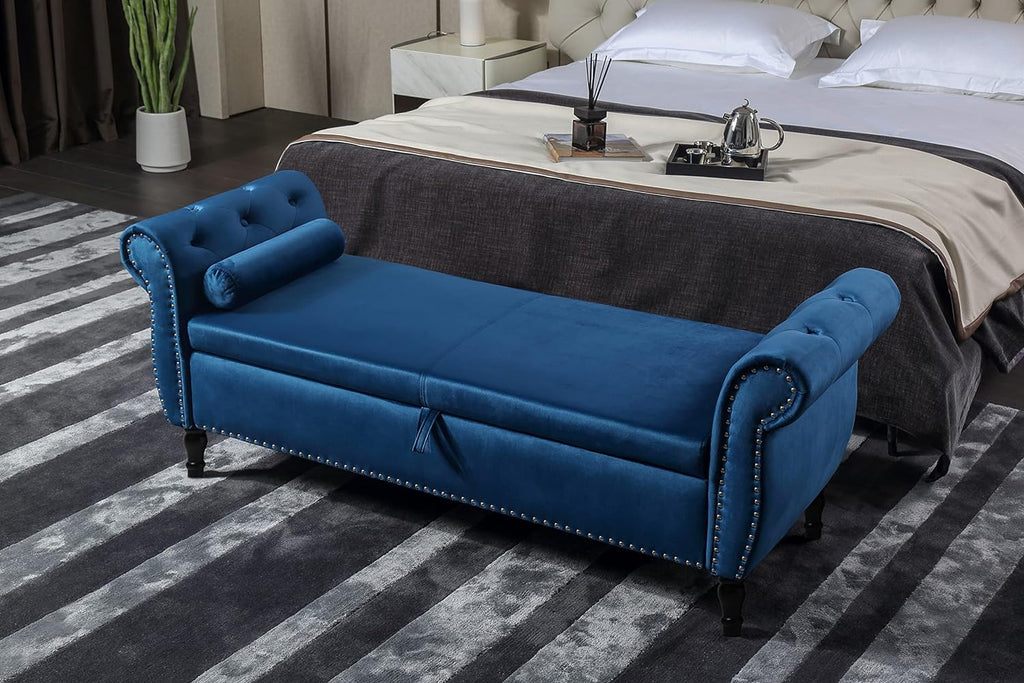 Blue Velvet Storage Bench Ottoman with Solid Wood Legs V89491