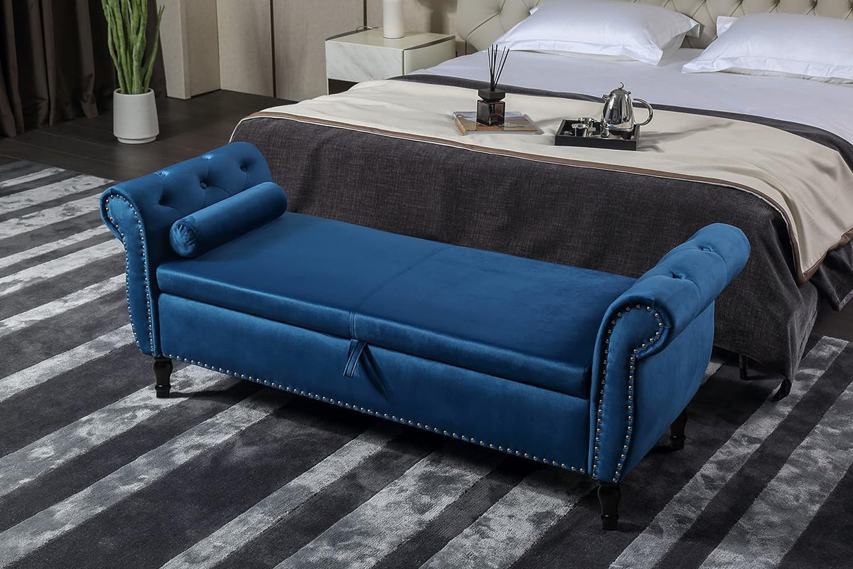 Blue Velvet Storage Bench Ottoman with Solid Wood Legs V89491