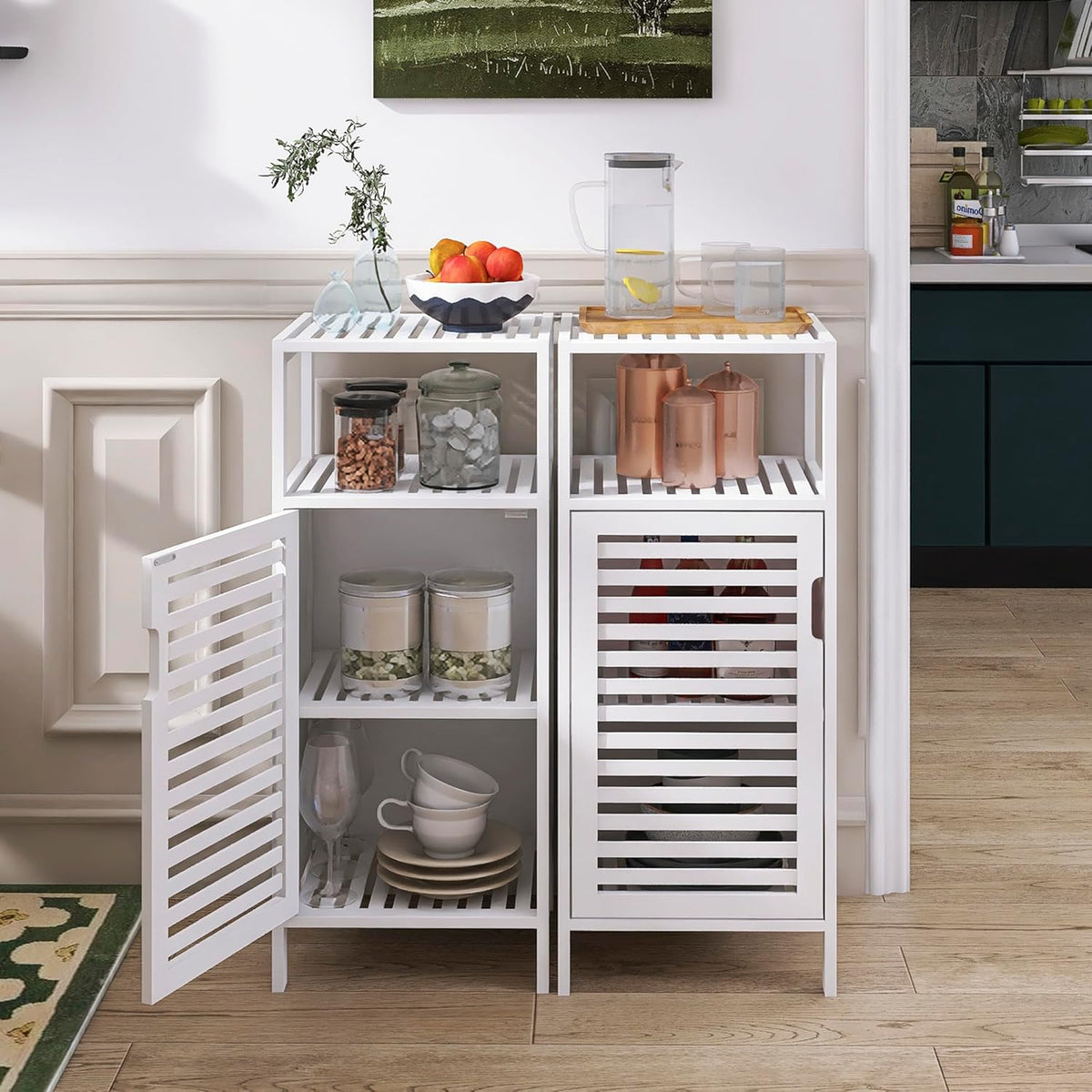 White Freestanding Bamboo Floor Cabinet with Adjustable Shelves and 4 Hooks W1444
