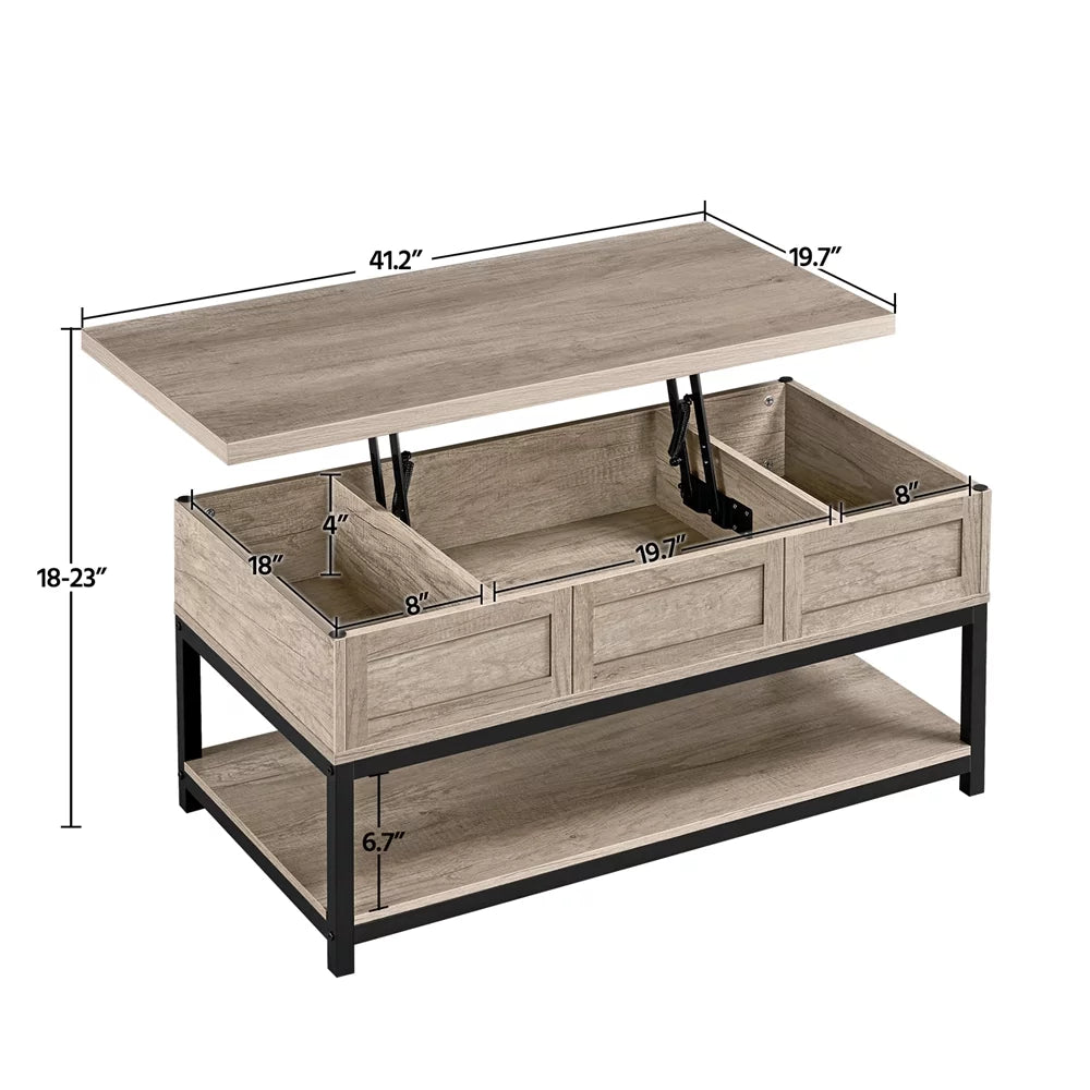 Rustic Gray Wooden Lift Top Coffee Table with Storage Shelf R762