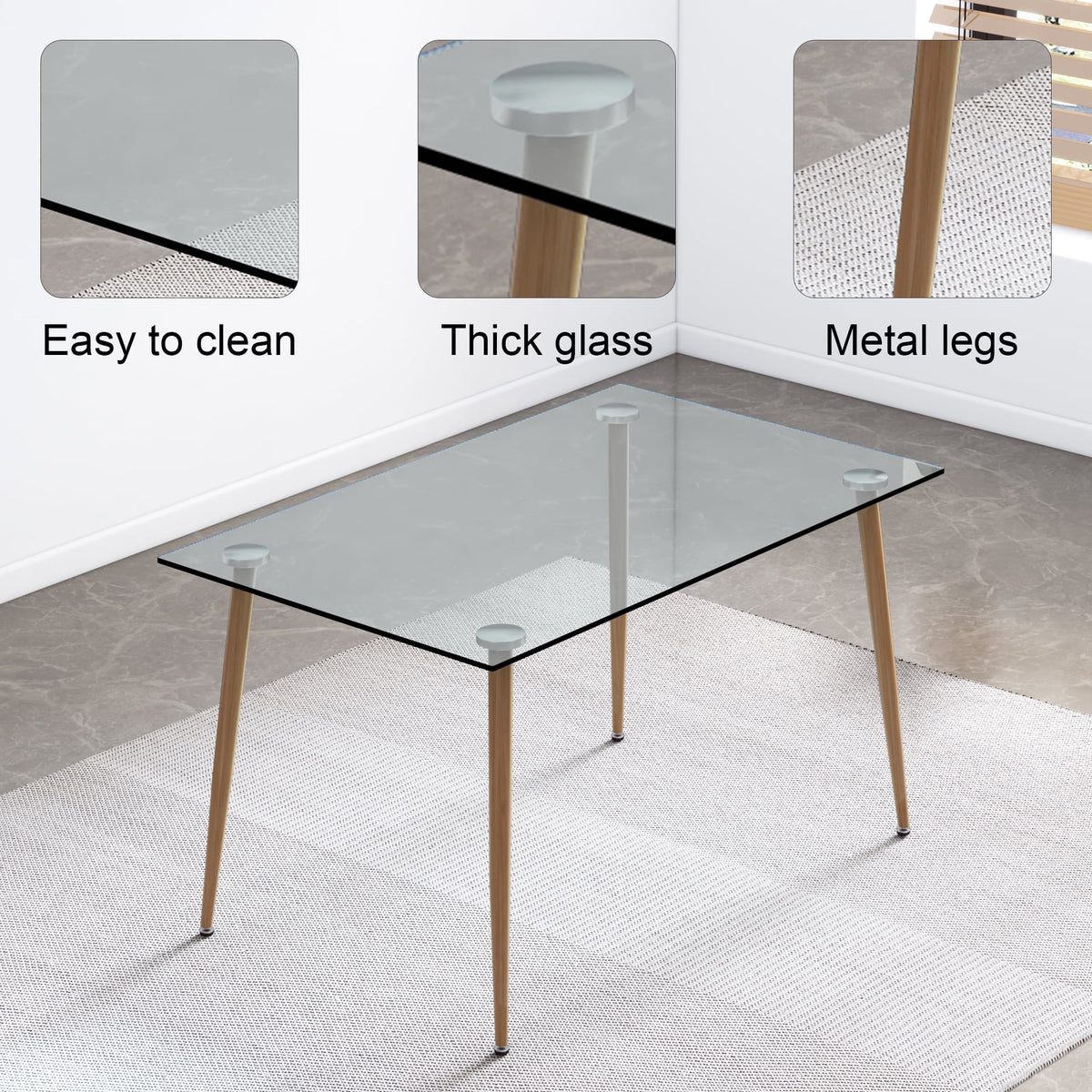 Modern Rectangular Glass Dining Table for 4-6 with Tempered Glass Tabletop L1107