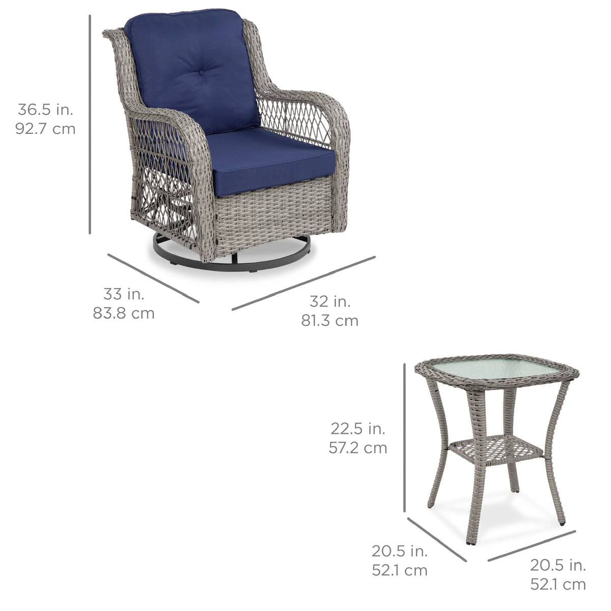 3-Piece Wicker Bistro Set with 2 Cushioned Swivel Rocking Chairs and Side Table B65814