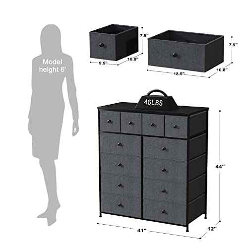 12 Drawer Fabric Dresser with Metal Frame, Wood Top, Light Grey V6209